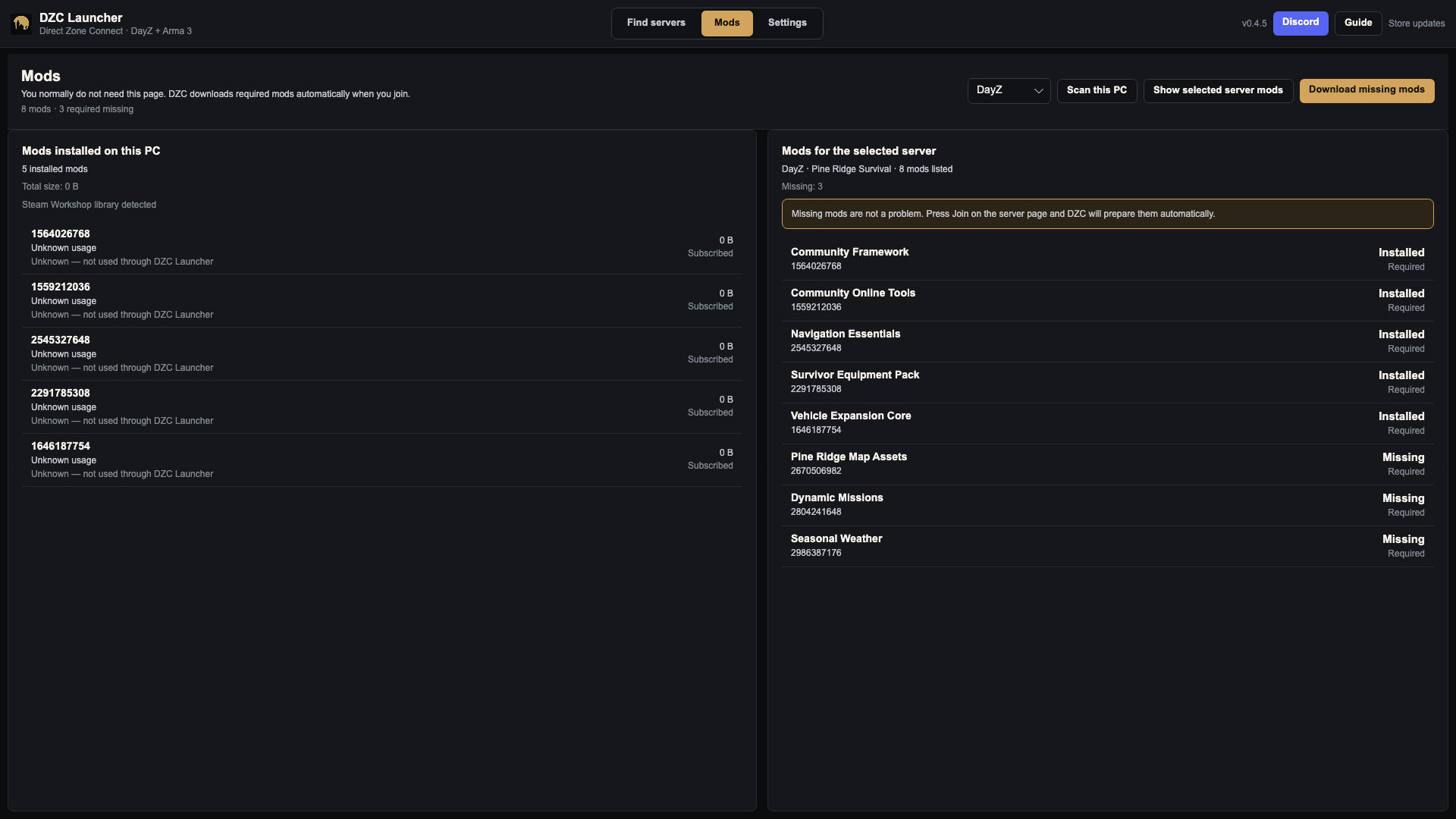 DZC Launcher — Workshop page showing installed and missing mods required by a selected server.