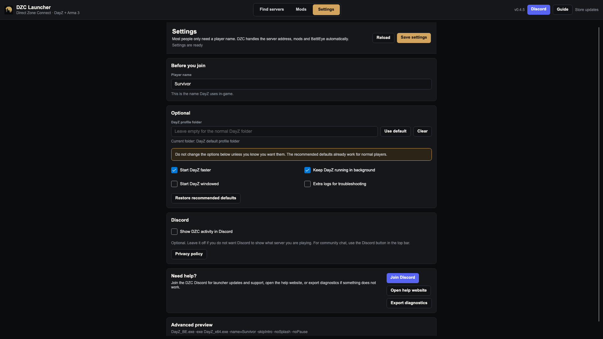 DZC Launcher — settings page showing player, launch, diagnostics, and Discord Rich Presence options.